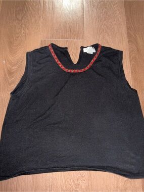 Silk Club Black Sleeveless Tank Top with Red Embellished Neckline